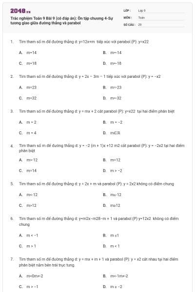 Trắc nghiệm Toán 9 Bài 9 (có đáp án): Ôn tập chương 4-Sự tương giao giữa đường thẳng và parabol