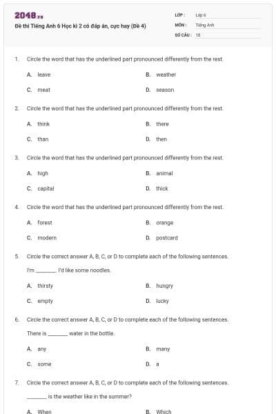 Đề thi Tiếng Anh 6 Học kì 2 có đáp án, cực hay (Đề 4)