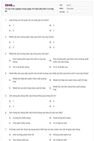 15 câu Trắc nghiệm Công nghệ 10 Cánh diều Bài 3 có đáp án
