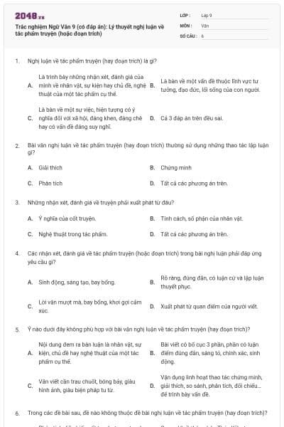Trắc nghiệm Ngữ Văn 9 (có đáp án): Lý thuyết nghị luận về tác phẩm truyện (hoặc đoạn trích)