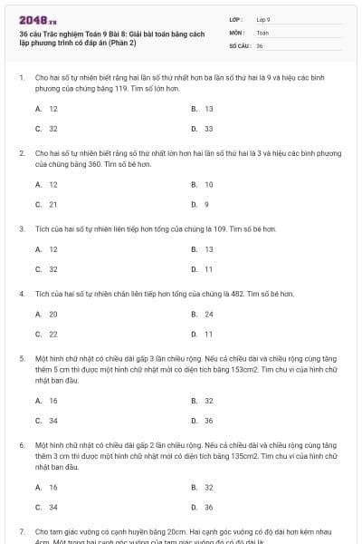 36 câu Trắc nghiệm Toán 9 Bài 8: Giải bài toán bằng cách lập phương trình có đáp án (Phần 2)