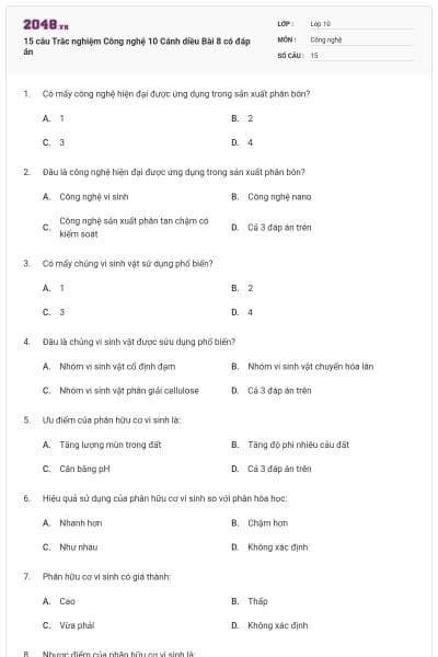 15 câu Trắc nghiệm Công nghệ 10 Cánh diều Bài 8 có đáp án