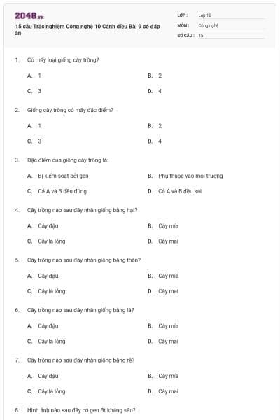 15 câu Trắc nghiệm Công nghệ 10 Cánh diều Bài 9 có đáp án
