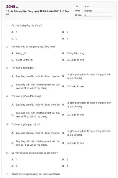 15 câu Trắc nghiệm Công nghệ 10 Cánh diều Bài 10 có đáp án