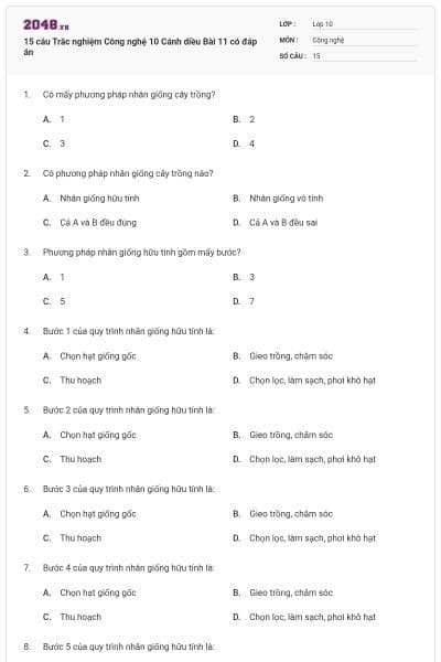 15 câu Trắc nghiệm Công nghệ 10 Cánh diều Bài 11 có đáp án