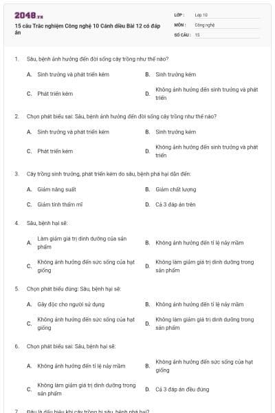 15 câu Trắc nghiệm Công nghệ 10 Cánh diều Bài 12 có đáp án