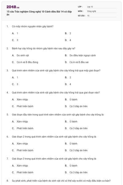 15 câu Trắc nghiệm Công nghệ 10 Cánh diều Bài 14 có đáp án