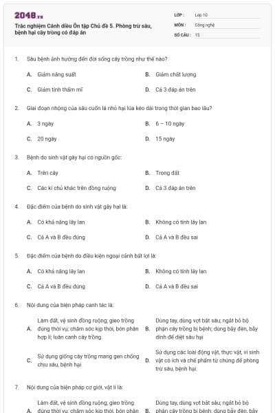 Trắc nghiệm Cánh diều Ôn tập Chủ đề 5. Phòng trừ sâu, bệnh hại cây trồng có đáp án