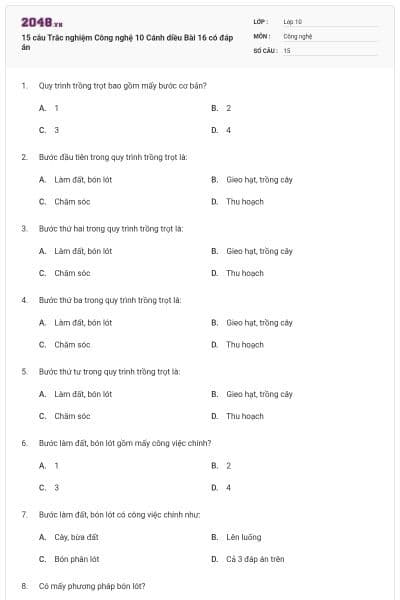 15 câu Trắc nghiệm Công nghệ 10 Cánh diều Bài 16 có đáp án