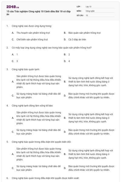 15 câu Trắc nghiệm Công nghệ 10 Cánh diều Bài 18 có đáp án