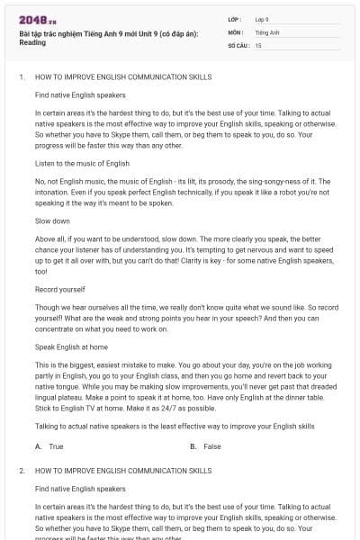 Bài tập trắc nghiệm Tiếng Anh 9 mới Unit 9 (có đáp án): Reading