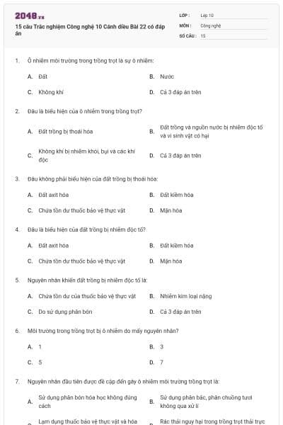 15 câu Trắc nghiệm Công nghệ 10 Cánh diều Bài 22 có đáp án