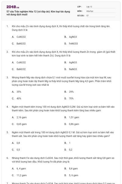 57 câu Trắc nghiệm Hóa 12 (có đáp án): Kim loại tác dụng với dung dịch muối