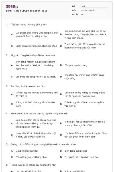 Đề thi Học kì 1 GDCD 9 có đáp án (Đề 2)