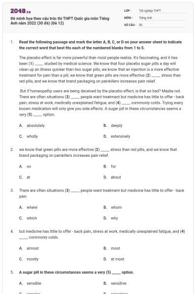 Đề minh họa theo cấu trúc thi THPT Quốc gia môn Tiếng Anh năm 2022 (30 đề) (Đề 12)