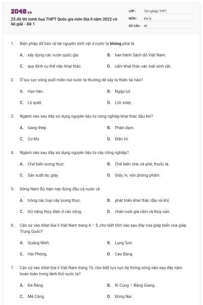 25 đề thi minh họa THPT Quốc gia môn Địa lí năm 2022 có lời giải - Đề 1