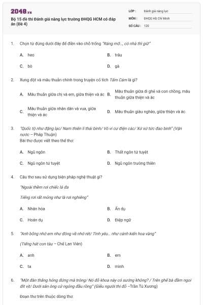 Bộ 15 đề thi Đánh giá năng lực trường ĐHQG HCM có đáp án (Đề 4)