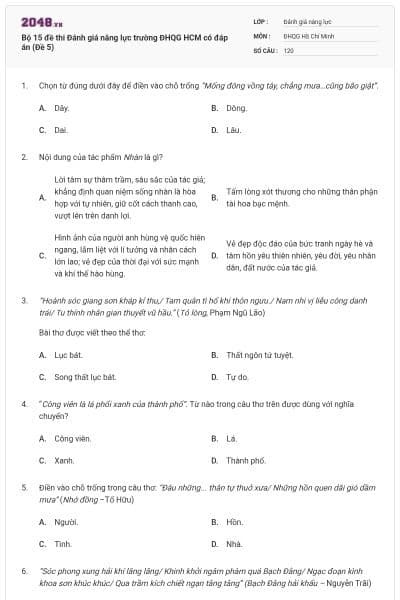 Bộ 15 đề thi Đánh giá năng lực trường ĐHQG HCM có đáp án (Đề 5)