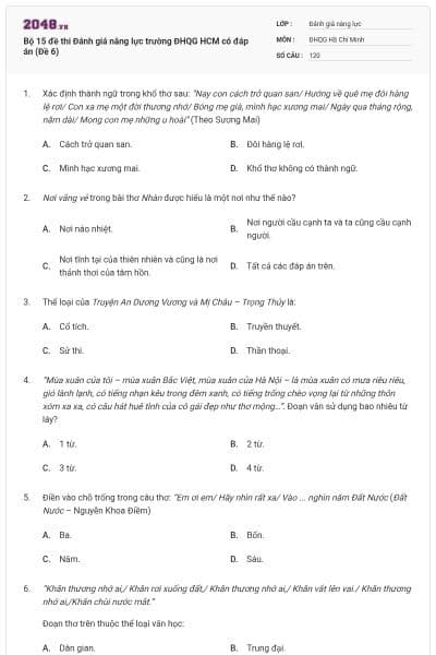 Bộ 15 đề thi Đánh giá năng lực trường ĐHQG HCM có đáp án (Đề 6)