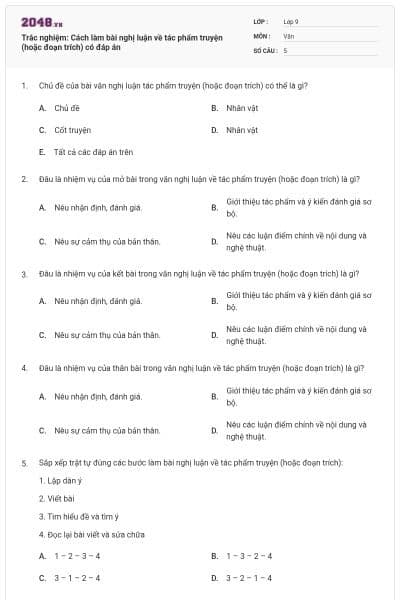 Trắc nghiệm: Cách làm bài nghị luận về tác phẩm truyện (hoặc đoạn trích) có đáp án