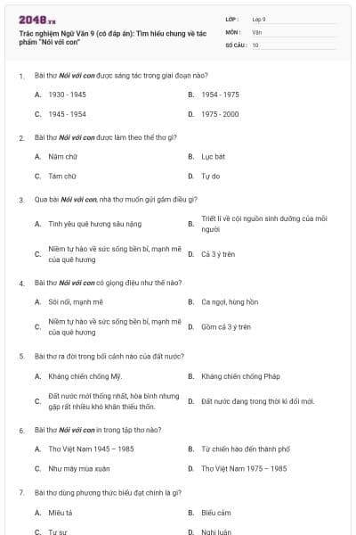 Trắc nghiệm Ngữ Văn 9 (có đáp án): Tìm hiểu chung về tác phẩm “Nói với con”