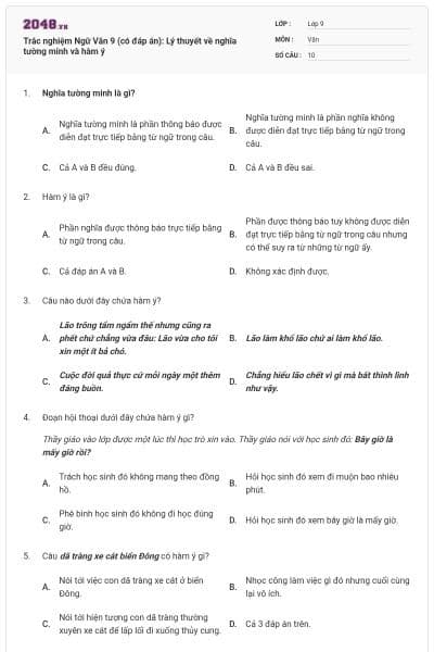 Trắc nghiệm Ngữ Văn 9 (có đáp án): Lý thuyết về nghĩa tường minh và hàm ý