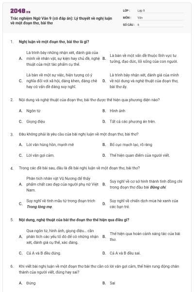 Trắc nghiệm Ngữ Văn 9 (có đáp án): Lý thuyết về nghị luận về một đoạn thơ, bài thơ