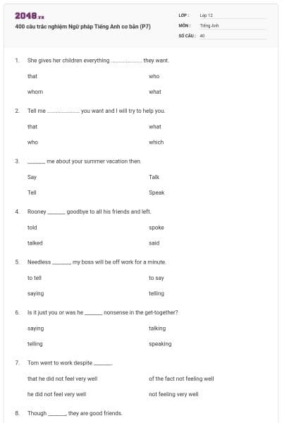400 câu trắc nghiệm Ngữ pháp Tiếng Anh cơ bản (P7)