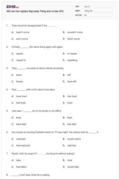 400 câu trắc nghiệm Ngữ pháp Tiếng Anh cơ bản (P5)