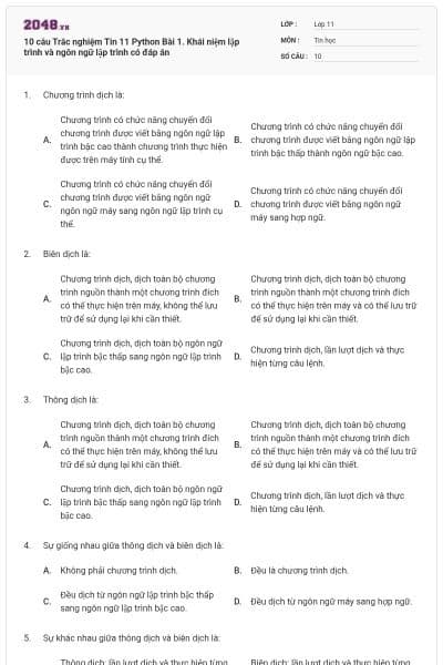 10 câu Trắc nghiệm Tin 11 Python Bài 1. Khái niệm lập trình và ngôn ngữ lập trình có đáp án
