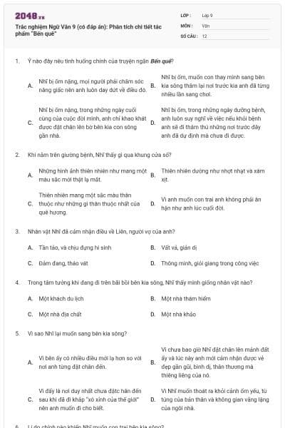 Trắc nghiệm Ngữ Văn 9 (có đáp án): Phân tích chi tiết tác phẩm “Bến quê”