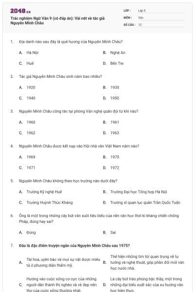 Trắc nghiệm Ngữ Văn 9 (có đáp án): Vài nét về tác giả Nguyễn Minh Châu
