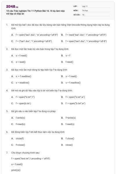 10 câu Trắc nghiệm Tin 11 Python Bài 16. Ví dụ làm việc với tệp có đáp án