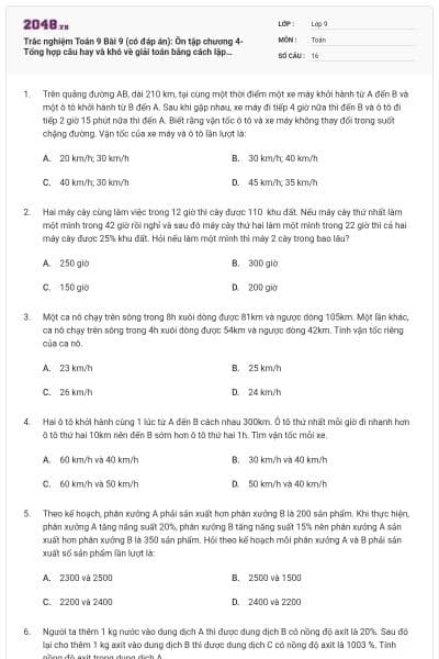 Trắc nghiệm Toán 9 Bài 9 (có đáp án): Ôn tập chương 4-Tổng hợp câu hay và khó về giải toán bằng cách lập phương trình, hệ phương trình