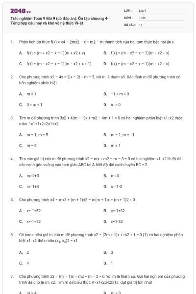 Trắc nghiệm Toán 9 Bài 9 (có đáp án): Ôn tập chương 4-Tổng hợp câu hay và khó về hệ thức Vi-ét