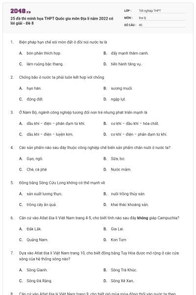 25 đề thi minh họa THPT Quốc gia môn Địa lí năm 2022 có lời giải - Đề 8