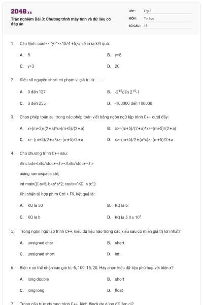 Trắc nghiệm Bài 3: Chương trình máy tính và dữ liệu có đáp án
