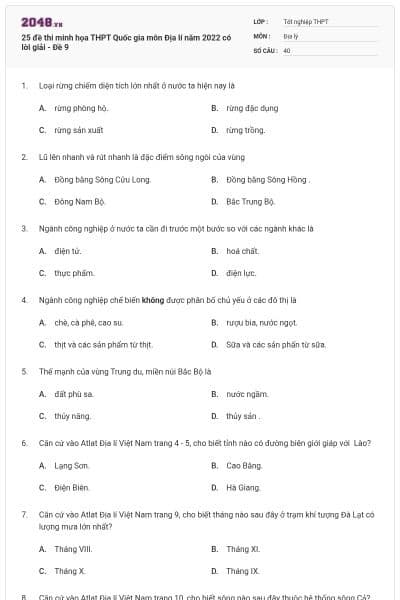 25 đề thi minh họa THPT Quốc gia môn Địa lí năm 2022 có lời giải - Đề 9