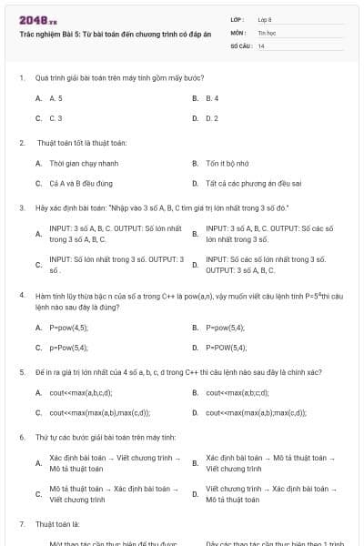 Trắc nghiệm Bài 5: Từ bài toán đến chương trình có đáp án