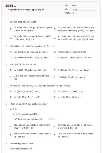 Trắc nghiệm Bài 7: Câu lệnh lặp có đáp án