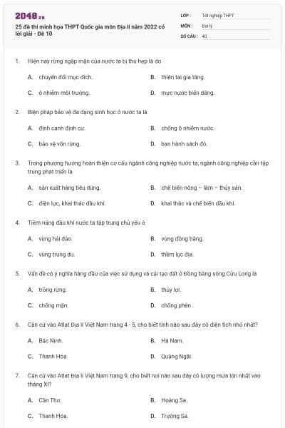 25 đề thi minh họa THPT Quốc gia môn Địa lí năm 2022 có lời giải - Đề 10