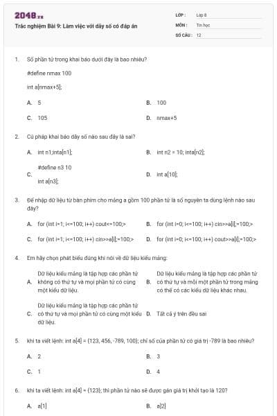 Trắc nghiệm Bài 9: Làm việc với dãy số có đáp án