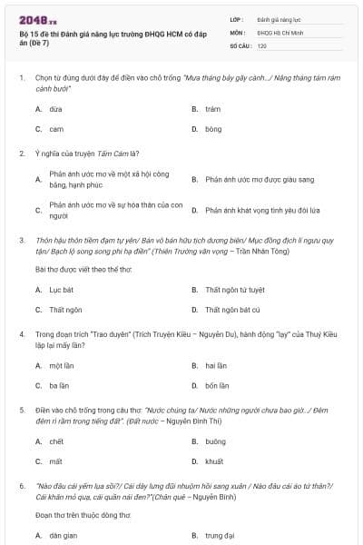 Bộ 15 đề thi Đánh giá năng lực trường ĐHQG HCM có đáp án (Đề 7)