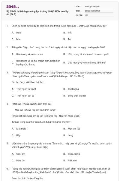 Bộ 15 đề thi Đánh giá năng lực trường ĐHQG HCM có đáp án (Đề 8)