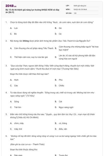 Bộ 15 đề thi Đánh giá năng lực trường ĐHQG HCM có đáp án (Đề 9)