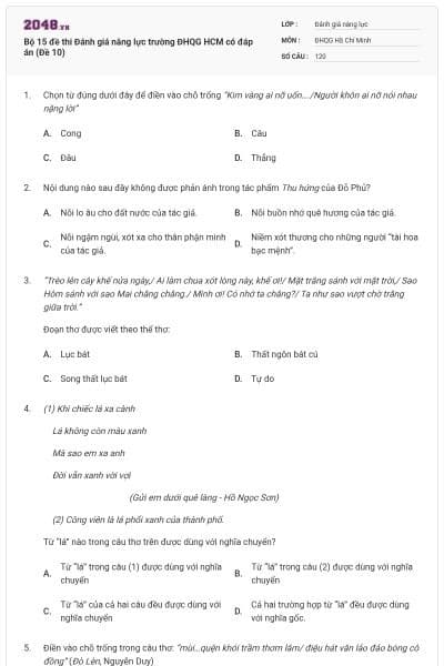 Bộ 15 đề thi Đánh giá năng lực trường ĐHQG HCM có đáp án (Đề 10)