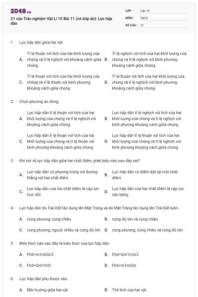 21 câu Trắc nghiệm Vật Lí 10 Bài 11 (có đáp án): Lực hấp dẫn