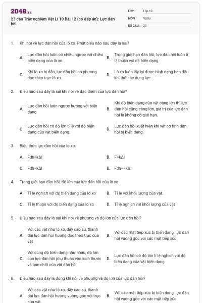 23 câu Trắc nghiệm Vật Lí 10 Bài 12 (có đáp án): Lực đàn hồi