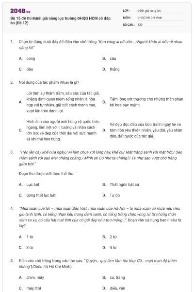 Bộ 15 đề thi Đánh giá năng lực trường ĐHQG HCM có đáp án (Đề 12)