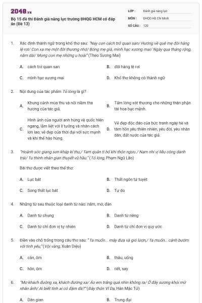Bộ 15 đề thi Đánh giá năng lực trường ĐHQG HCM có đáp án (Đề 13)